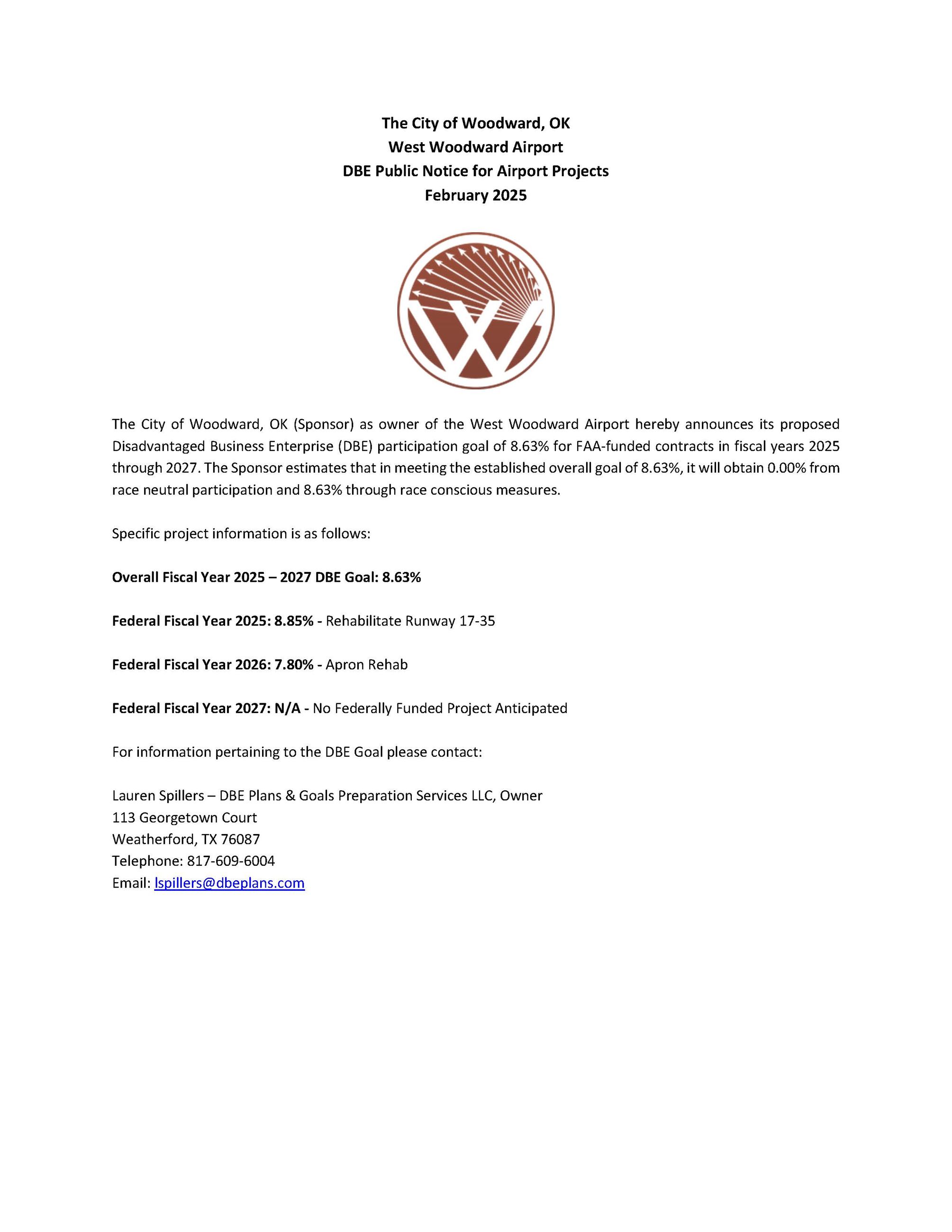 The City of Woodward, OK West Woodward Airport DBE Public Notice for Airport Projects 